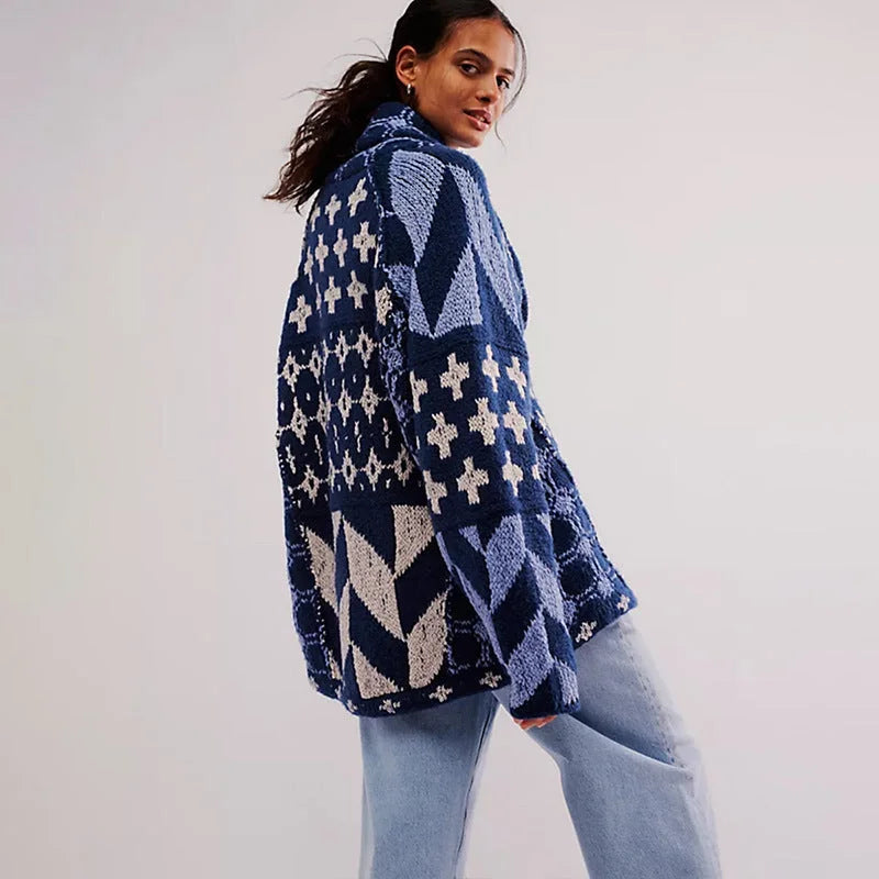 Women's knit open-front shawl collar cardigan with patchwork geometric – Blue