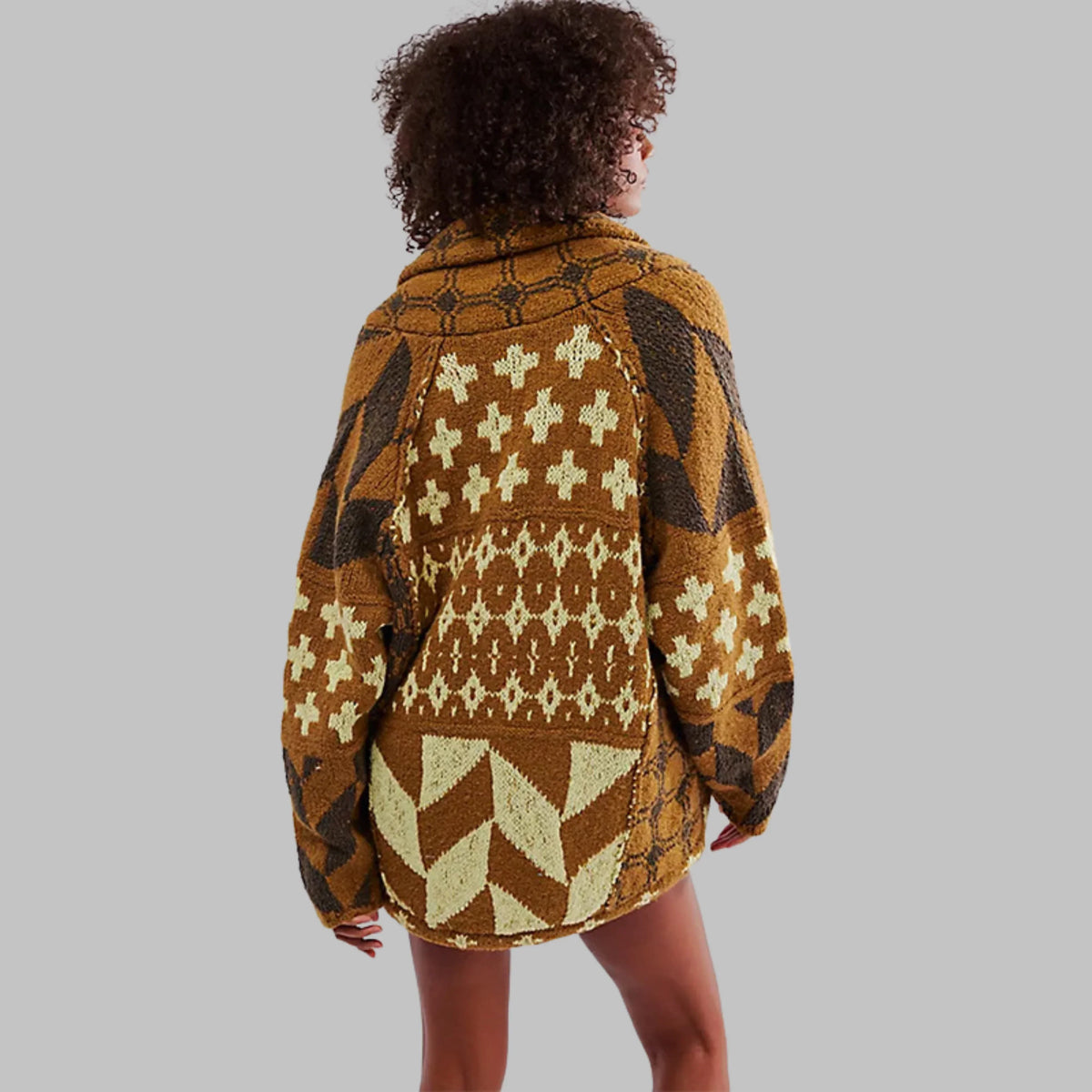 Women's knit open-front shawl collar cardigan with patchwork geometric – Brown