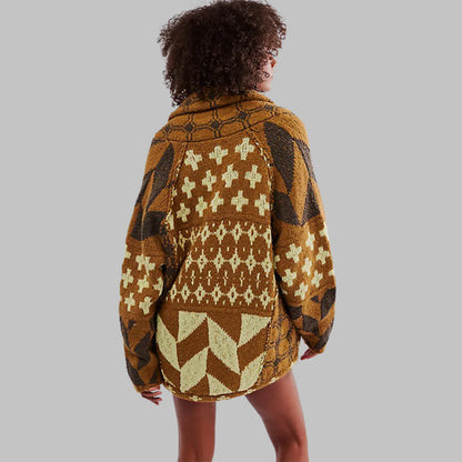 Women's knit open-front shawl collar cardigan with patchwork geometric – Brown