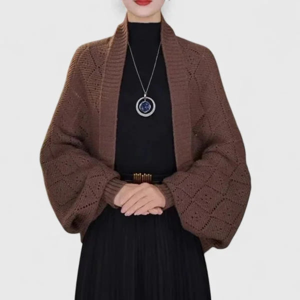 Women's knit open-front shawl collar cardigan with diamond pattern – Brown