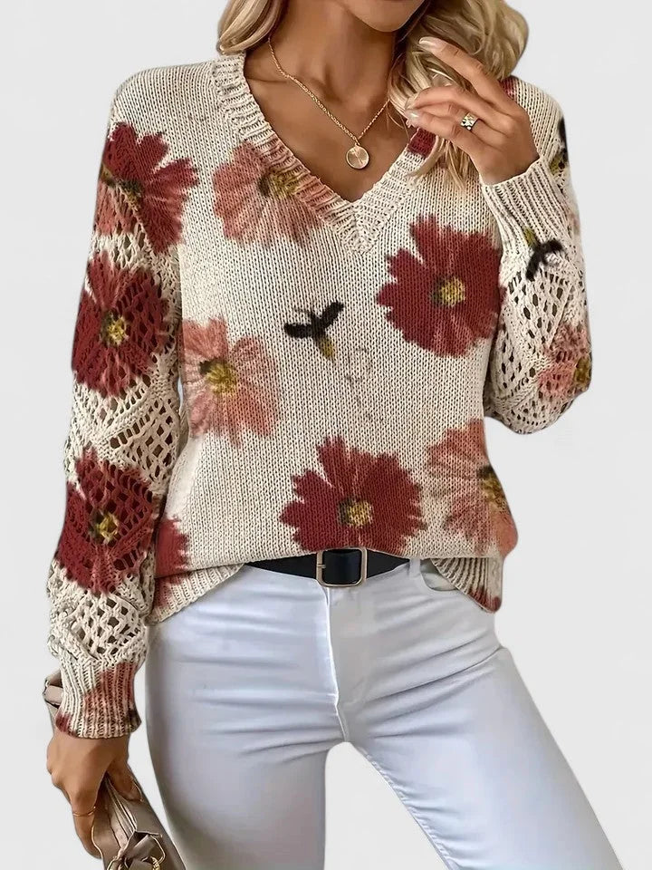 Women's floral knit cardigan with V-neck and lattice sleeves