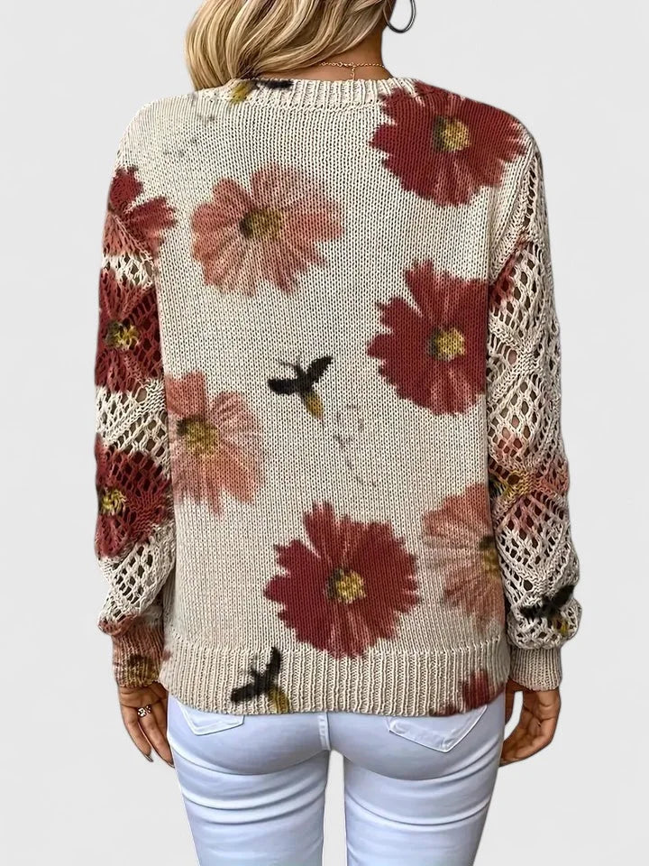 Women's floral knit cardigan with V-neck and lattice sleeves