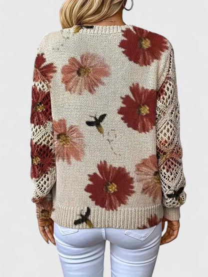 Women's floral knit cardigan with V-neck and lattice sleeves
