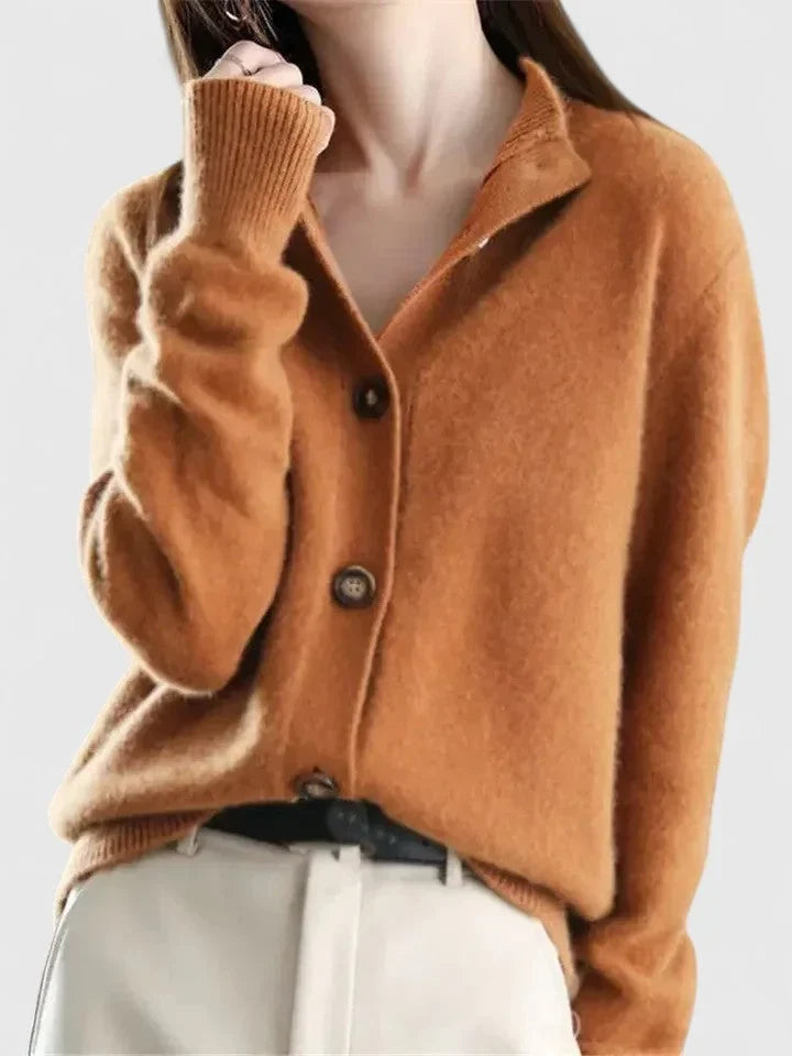 Women's knit button-front collared cardigan with soft stand – Caramel