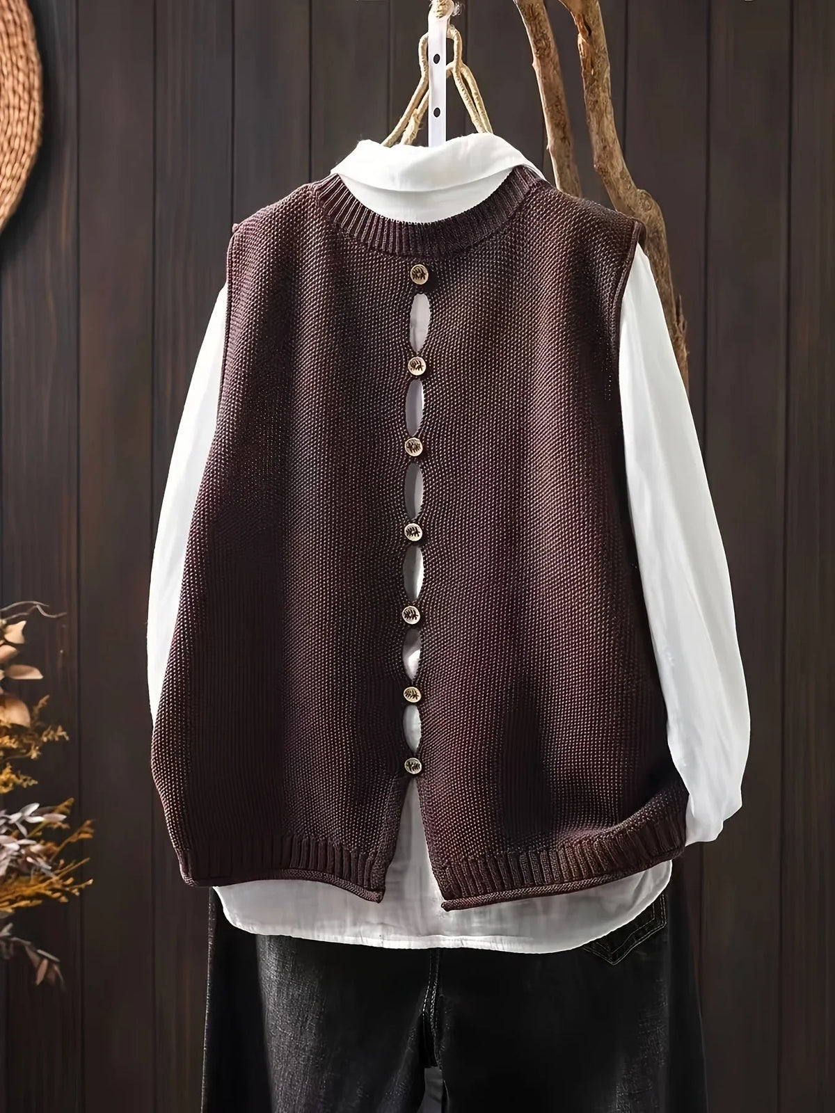 Women's knit crew neck jumper with back button placket – Coffee