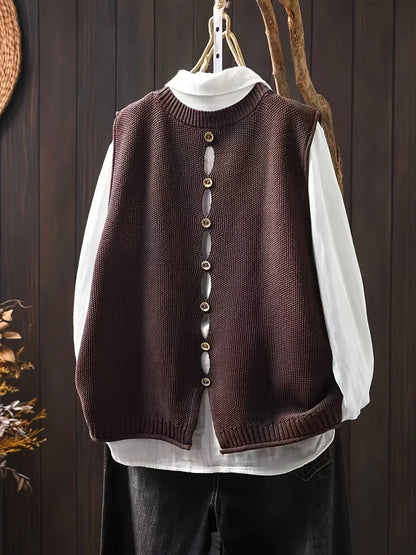 Women's knit crew neck jumper with back button placket – Coffee