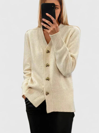 Women's knit button-front V-neck cardigan with heart – Cream