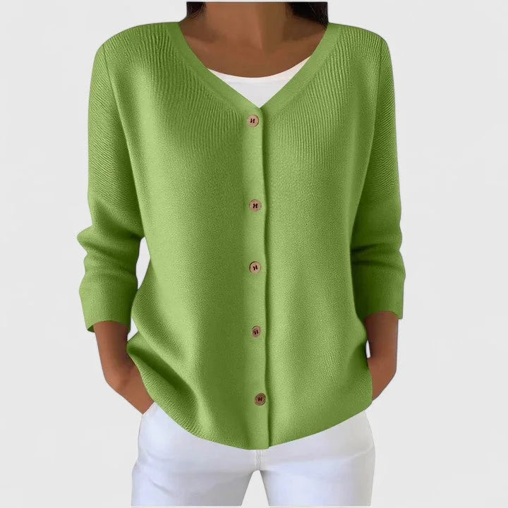 Women's knit button-front V-neck cardigan with ribbed texture – Green