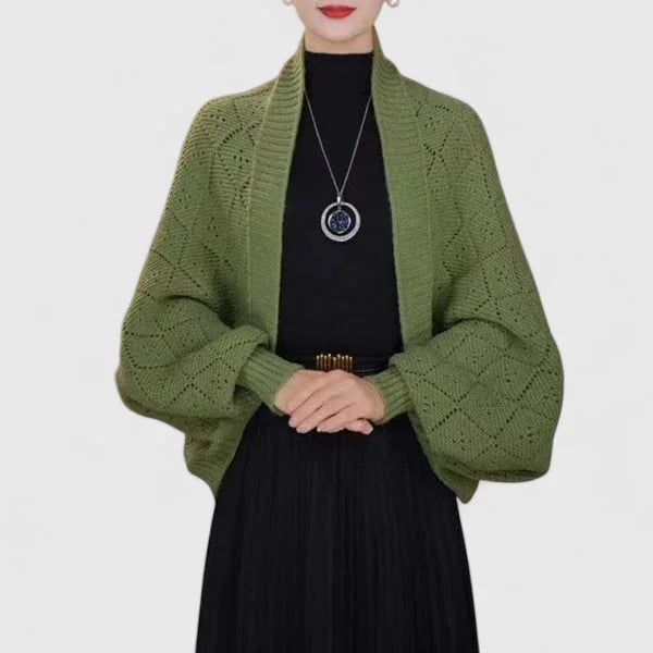 Women's knit open-front shawl collar cardigan with diamond pattern – Green
