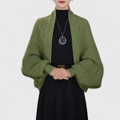 Women's knit open-front shawl collar cardigan with diamond pattern – Green