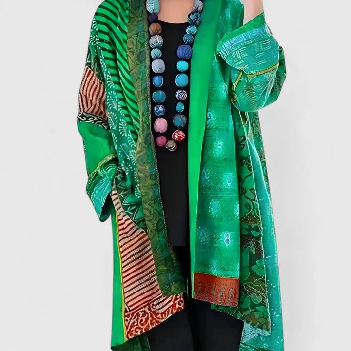 Women's open-front kimono with patchwork mixed print – Green