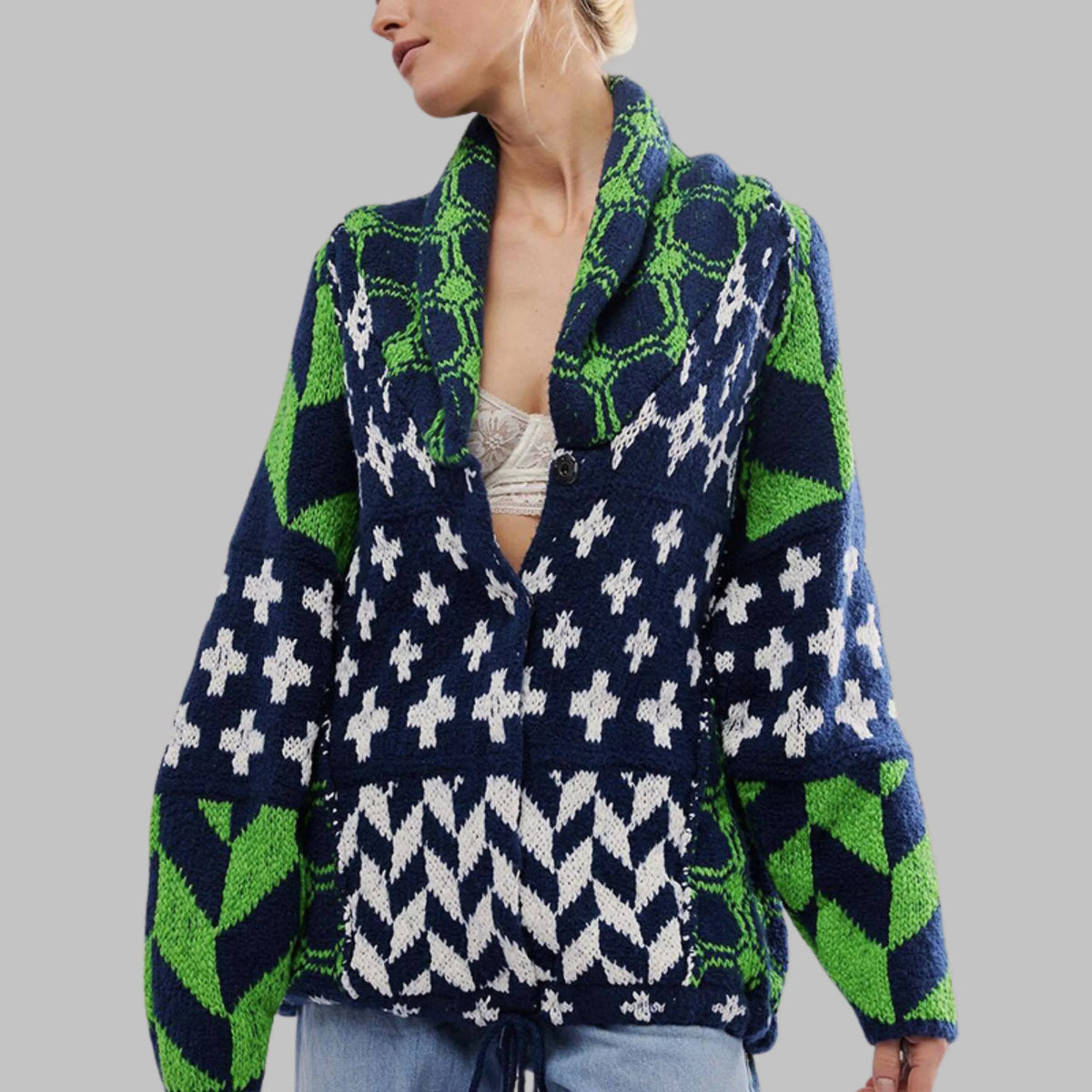 Women's knit open-front shawl collar cardigan with patchwork geometric – Green
