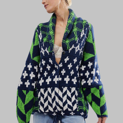 Women's knit open-front shawl collar cardigan with patchwork geometric – Green