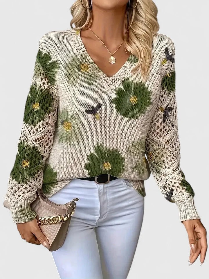 Women's floral knit cardigan with V-neck and lattice sleeves – Green