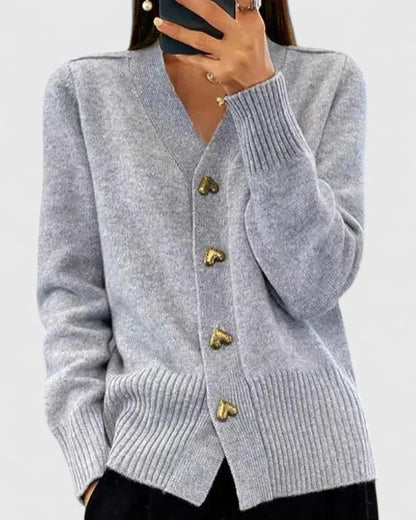Women's knit button-front V-neck cardigan with heart – Grey