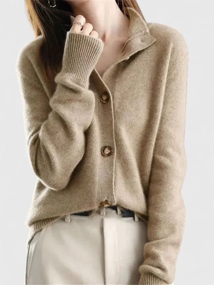 Women's knit button-front collared cardigan with soft stand – Khaki