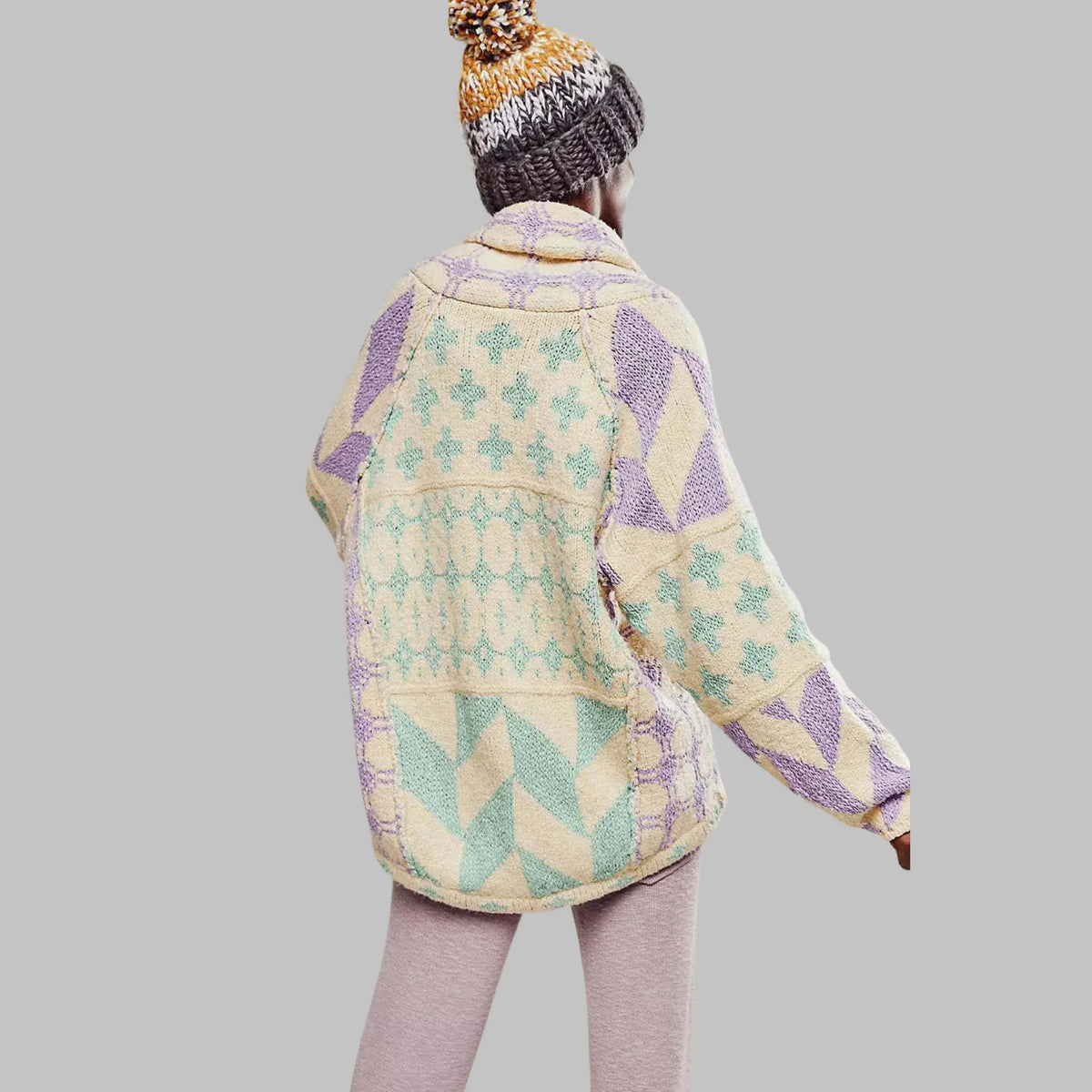 Women's knit open-front shawl collar cardigan with patchwork geometric – Lavender