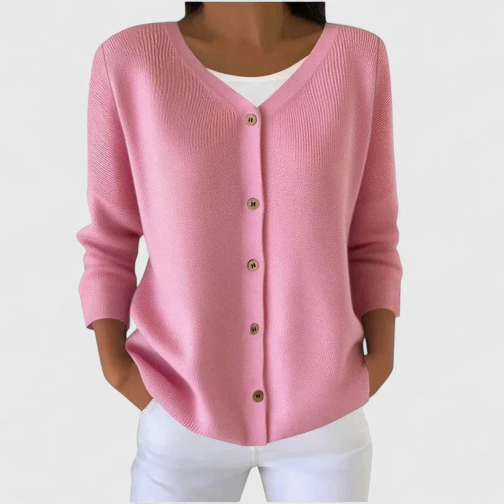 Women's knit button-front V-neck cardigan with ribbed texture – Light Pink