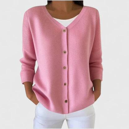 Women's knit button-front V-neck cardigan with ribbed texture – Light Pink