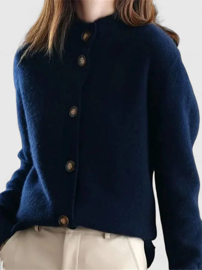 Women's knit button-front collared cardigan with soft stand – Navy Blue