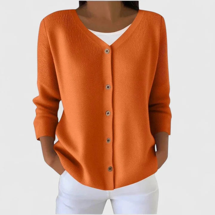 Women's knit button-front V-neck cardigan with ribbed texture – Orange