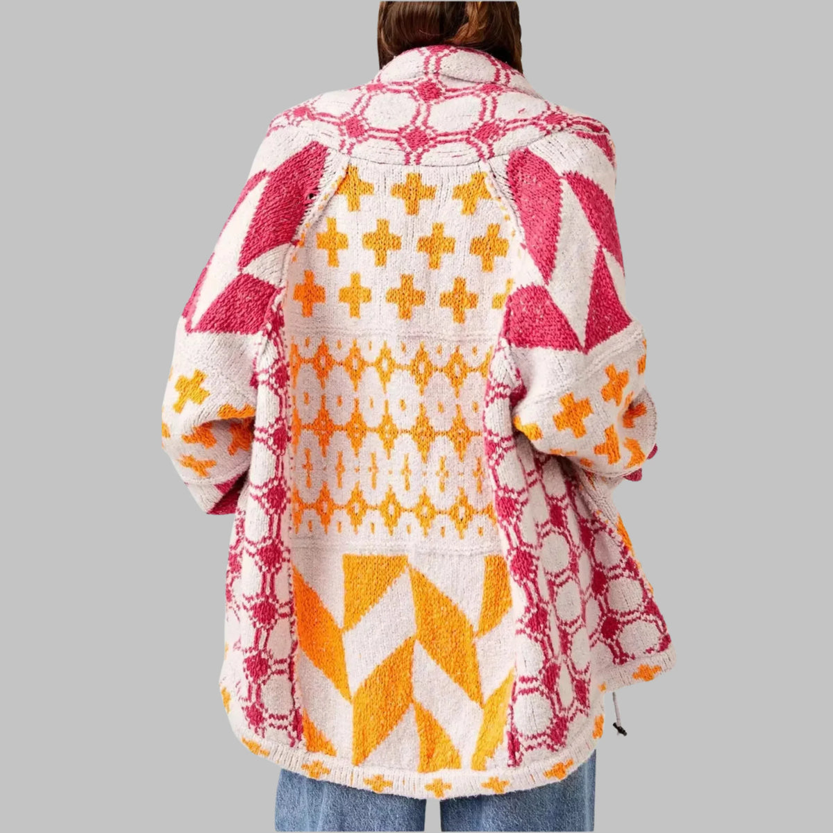 Women's knit open-front shawl collar cardigan with patchwork geometric – Pink