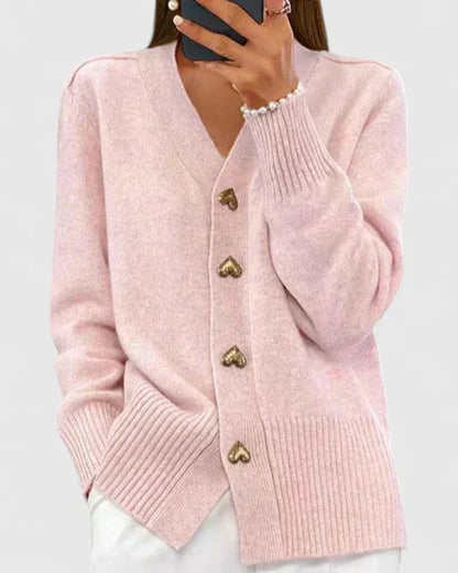 Women's knit button-front V-neck cardigan with heart – Pink