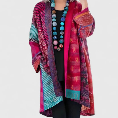 Women's open-front kimono with patchwork mixed print – Pink