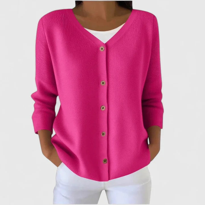 Women's knit button-front V-neck cardigan with ribbed texture – Pink