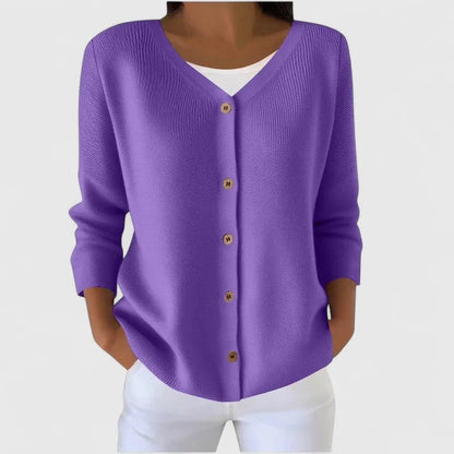 Women's knit button-front V-neck cardigan with ribbed texture – Purple