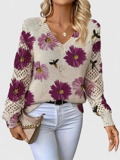 Women's floral knit cardigan with V-neck and lattice sleeves – Purple