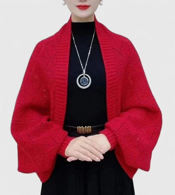 Women's knit open-front shawl collar cardigan with diamond pattern – Red