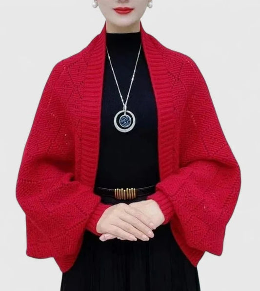 Women's knit open-front shawl collar cardigan with diamond pattern – Red