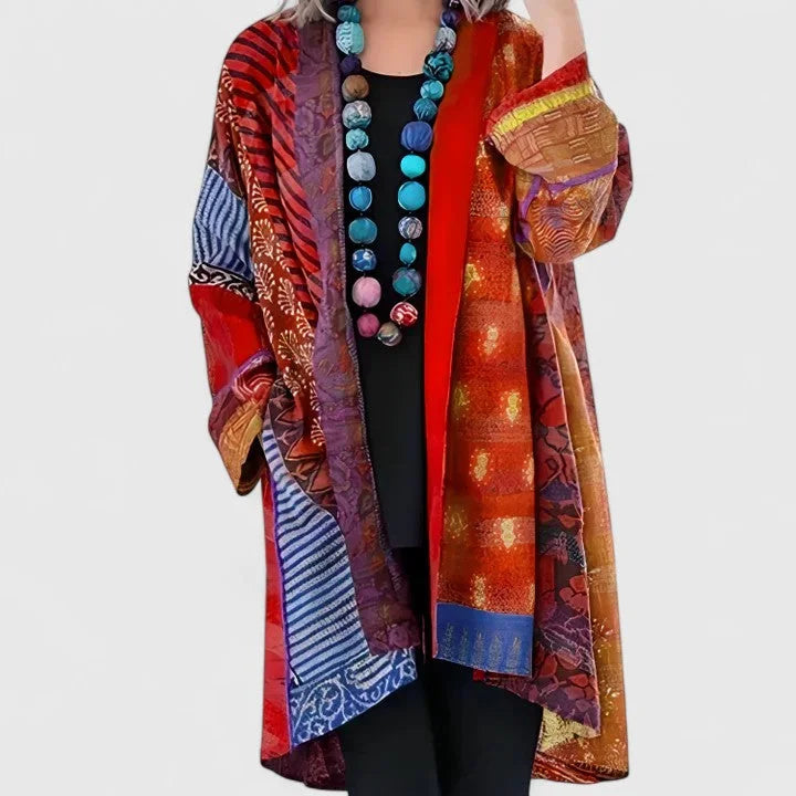 Women's open-front kimono with patchwork mixed print – Red