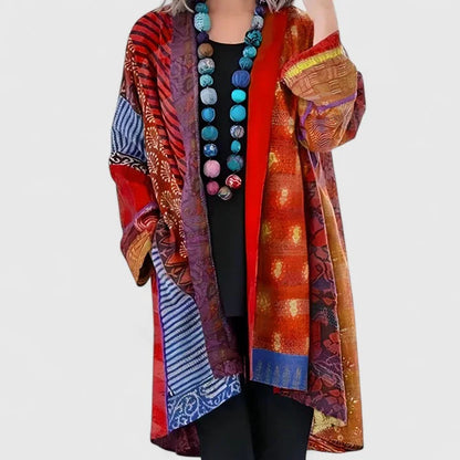 Women's open-front kimono with patchwork mixed print – Red