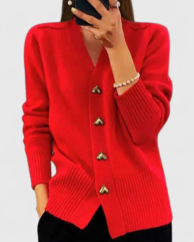 Women's knit button-front V-neck cardigan with heart – Red