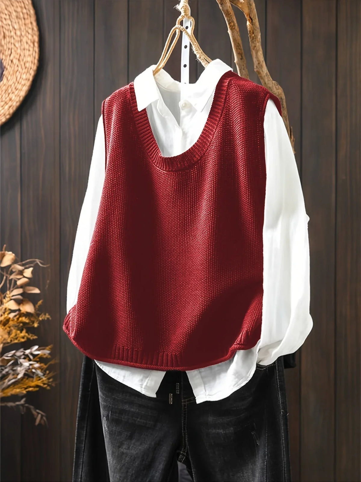 Women's knit crew neck jumper with back button placket – Red