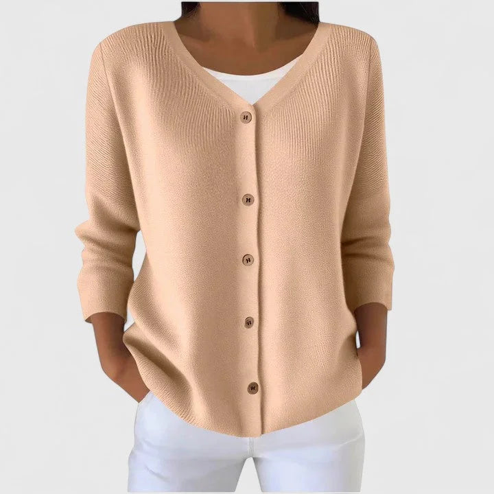 Women's knit button-front V-neck cardigan with ribbed texture – Salmon