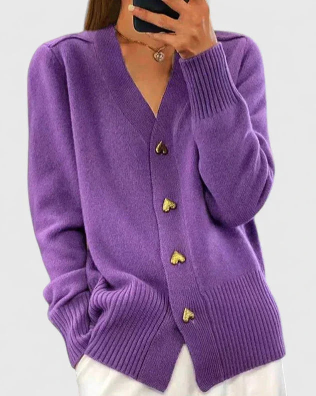 Women's knit button-front V-neck cardigan with heart – Violet