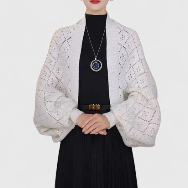Women's knit open-front shawl collar cardigan with diamond pattern – White