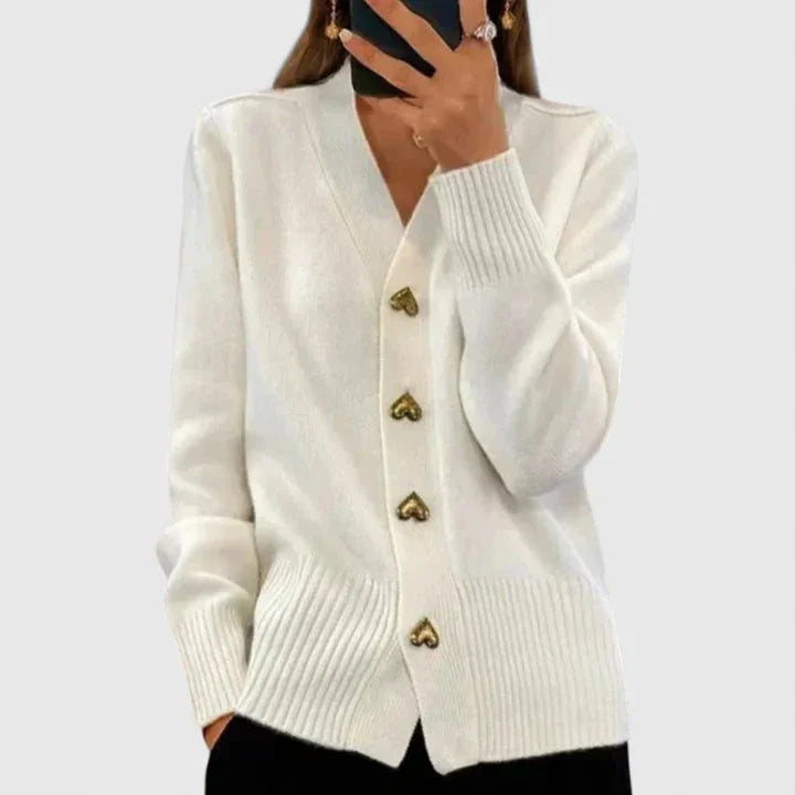 Women's knit button-front V-neck cardigan with heart – White