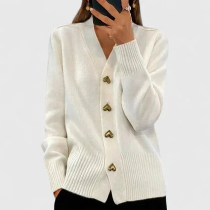 Women's knit button-front V-neck cardigan with heart – White