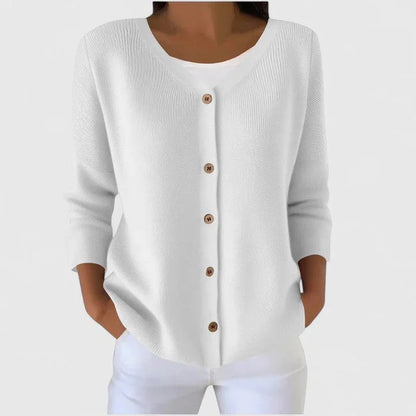 Women's knit button-front V-neck cardigan with ribbed texture – White