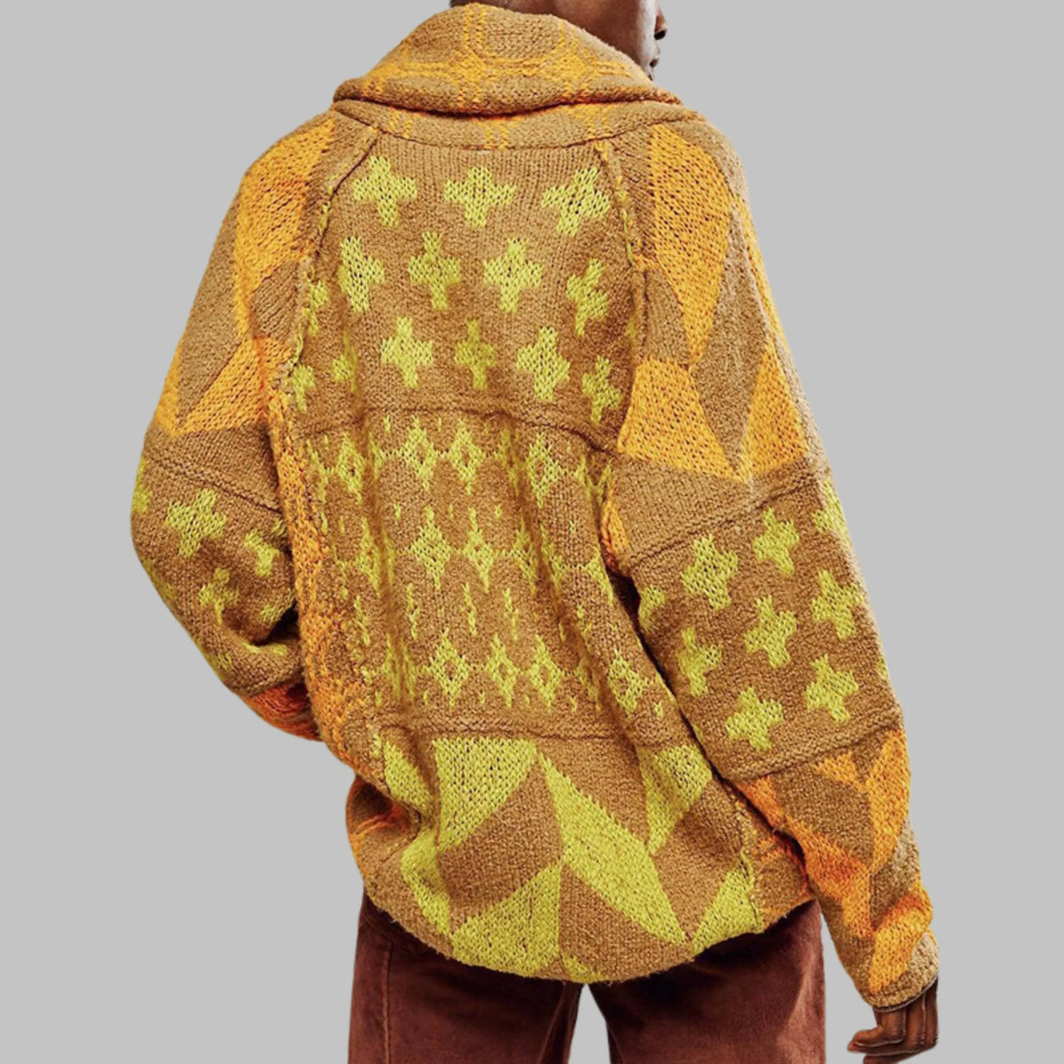 Women's knit open-front shawl collar cardigan with patchwork geometric – Yellow