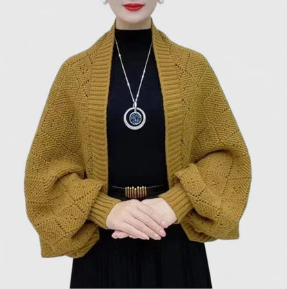 Women's knit open-front shawl collar cardigan with diamond pattern – Yellow