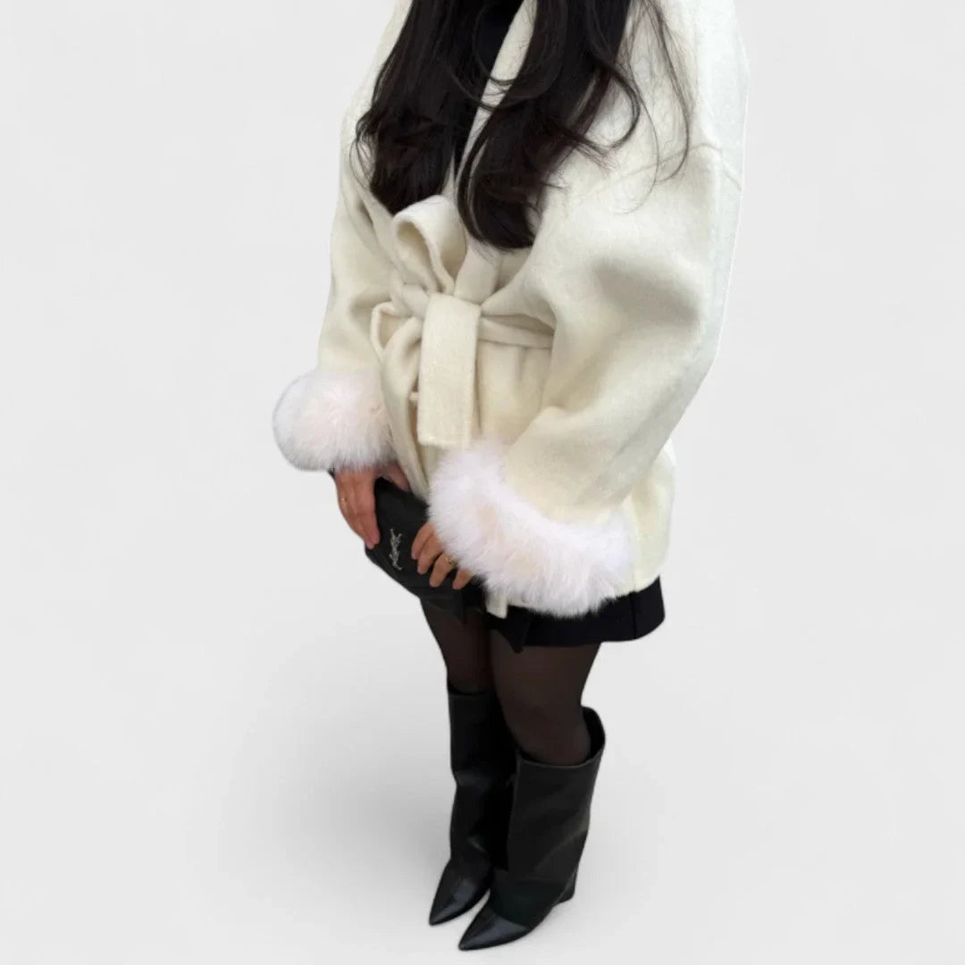 Women's wool wrap shawl collar jacket with faux fur cuffs
