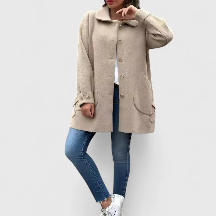 Women's button-front collared wool coat with bow details on back