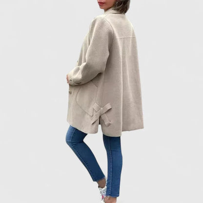 Women's button-front collared wool coat with bow details on back