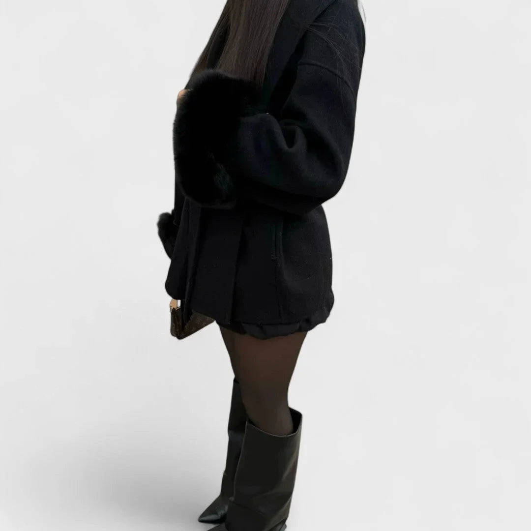 Women's wool wrap shawl collar jacket with faux fur cuffs