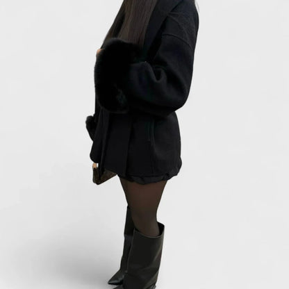 Women's wool wrap shawl collar jacket with faux fur cuffs